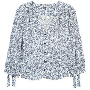 Madewell Blue Americana Floral Tie Sleeve Button Front Top